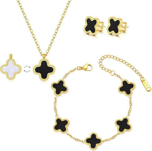 Lucky Clover Jewelry Set - 18K Gold Plated Four-Leaf Clover Bracelet, Pendant Necklace, and Earrings - Stylish Flower Link Bracelet Set, Perfect Jewelry Gifts for Women in Saudi Arabia