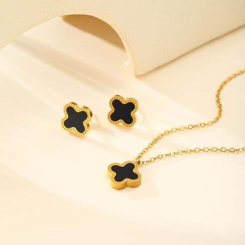 Lucky Clover Jewelry Set - 18K Gold Plated Four-Leaf Clover Bracelet, Pendant Necklace, and Earrings - Stylish Flower Link Bracelet Set, Perfect Jewelry Gifts for Women in Saudi Arabia
