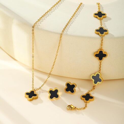 Lucky Clover Jewelry Set - 18K Gold Plated Four-Leaf Clover Bracelet, Pendant Necklace, and Earrings - Stylish Flower Link Bracelet Set, Perfect Jewelry Gifts for Women in Saudi Arabia