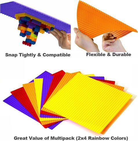 Building Bricks Baseplates Multipack, 32x32 Stud, 8 Pack of Base Plates in 4 Rainbow Color: Orange, Red, Yellow & Purple, Base for Building Blocks Creations, 10x10 in. (25.5x25.5 cm) in Kuwait