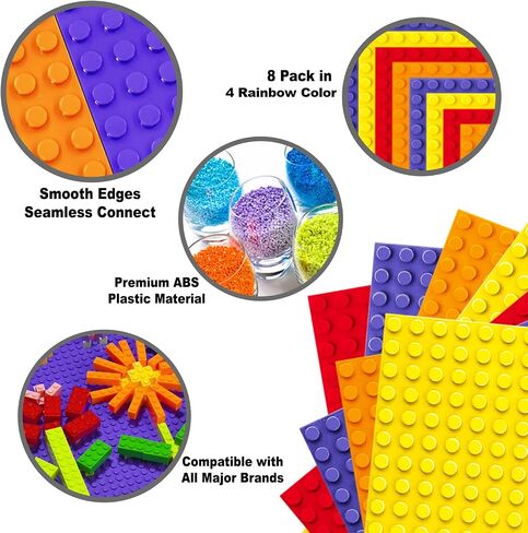 Building Bricks Baseplates Multipack, 32x32 Stud, 8 Pack of Base Plates in 4 Rainbow Color: Orange, Red, Yellow & Purple, Base for Building Blocks Creations, 10x10 in. (25.5x25.5 cm) in Kuwait