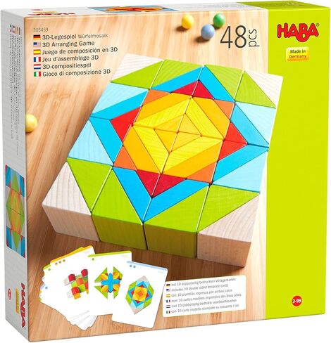HABA 3D Puzzle Cube Mosaic - 48 Piece Wooden Blocks with 10 Double Sided Template Cards in Kuwait