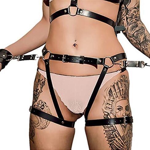 Newfancy Women Punk PU Leather Body Harness Bowknot Leg Garters Belt Waist Lingerie Cage Wrist Lock in Kuwait