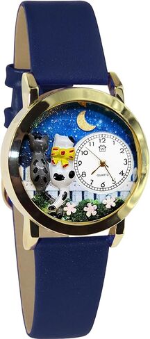 هدايا غريبة الأطوار القطط ليلة خارج 3D مشاهدة | لمسة نهائية فضية أو ذهبية كبيرة أو صغيرة | الجدة الممتعة الفريدة | مصنوع يدويًا في الولايات المتحدة الأمريكية | حزام الساعة من الجلد الأزرق in Kuwait