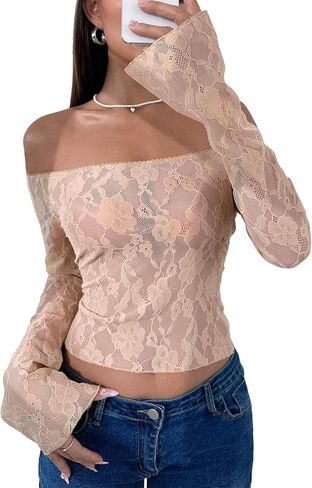 Avidlove Lace Mesh Crop Tops for Women Y2k Off Shoulder Tops Sexy Sheer Bell Long Sleeve Going Out Tops in Saudi Arabia