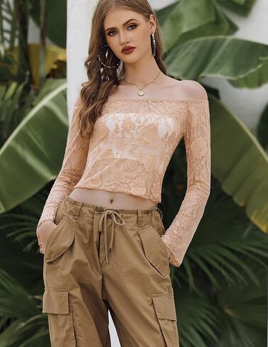 Avidlove Lace Mesh Crop Tops for Women Y2k Off Shoulder Tops Sexy Sheer Bell Long Sleeve Going Out Tops in Saudi Arabia