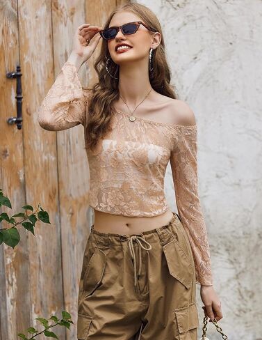 Avidlove Lace Mesh Crop Tops for Women Y2k Off Shoulder Tops Sexy Sheer Bell Long Sleeve Going Out Tops in Saudi Arabia