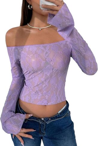 Avidlove Lace Mesh Crop Tops for Women Y2k Off Shoulder Tops Sexy Sheer Bell Long Sleeve Going Out Tops in Saudi Arabia