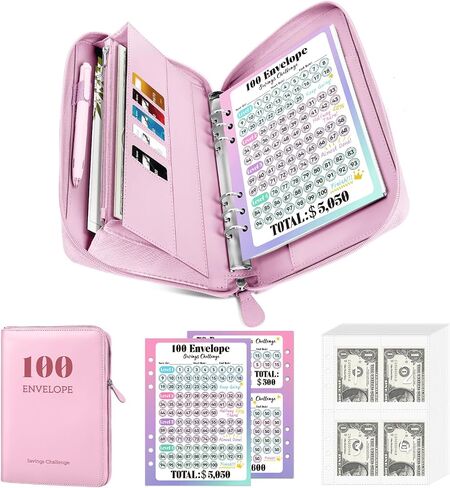 كتاب تحديات التوفير Sooez مع مساحة تخزين إضافية للجيب، إغلاق بسحاب، 100 ظرف، تحدي توفير المال، حافظة حفظ من البولي يوريثان مع مظروف نقدي ومتتبع مصفح للفاتورة النقدية، 8.3 بوصة × 10.5 بوصة، زيتوني in Kuwait