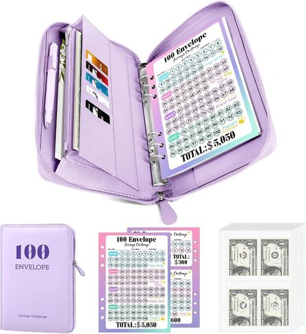 كتاب تحديات التوفير Sooez مع مساحة تخزين إضافية للجيب، إغلاق بسحاب، 100 ظرف، تحدي توفير المال، حافظة حفظ من البولي يوريثان مع مظروف نقدي ومتتبع مصفح للفاتورة النقدية، 8.3 بوصة × 10.5 بوصة، زيتوني in Kuwait