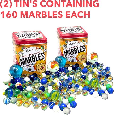 Regal Games 160 Count Traditional Glass Marbles with a Storage Tin, 3 Sizes, Variety of Patterns in Saudi Arabia