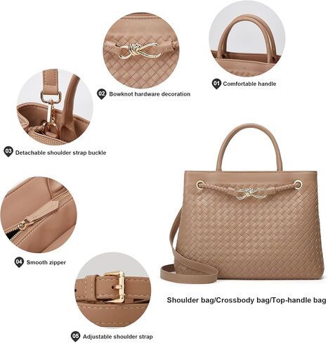 Woven Bag for Women Shoulder Purse: Vegan Leather Handbag - Handmade Tote Bag - Elegant Satchel Bag with Bowknot in Saudi Arabia