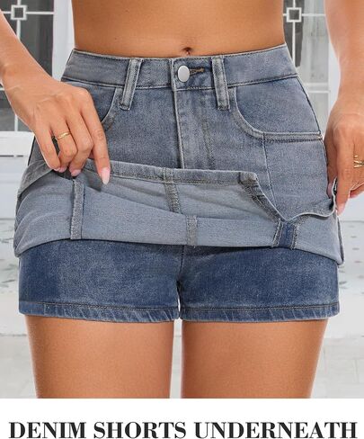 Casual Slit Denim Skort Mini Jean Skirt with Shorts Underneath High Waist Jean Skirt for Women Denim Skirt in Saudi Arabia