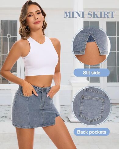 Casual Slit Denim Skort Mini Jean Skirt with Shorts Underneath High Waist Jean Skirt for Women Denim Skirt in Saudi Arabia