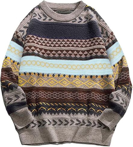 Flygo Sweaters for Men Crewneck Vintage Oversized Cable Knit Pullover Sweater Graphic Striped Aztec Long Sleeve Unisex Jumper in Kuwait