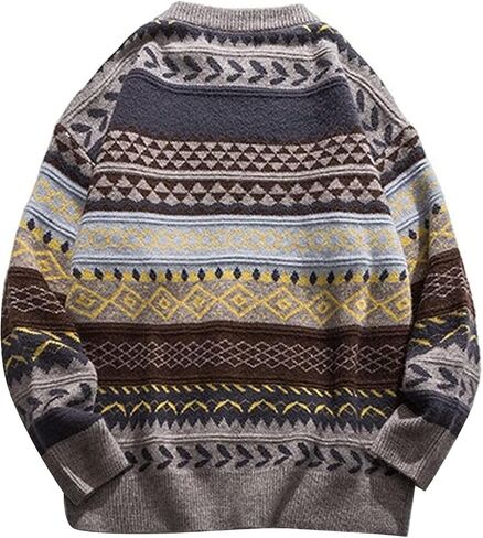 Flygo Sweaters for Men Crewneck Vintage Oversized Cable Knit Pullover Sweater Graphic Striped Aztec Long Sleeve Unisex Jumper in Kuwait
