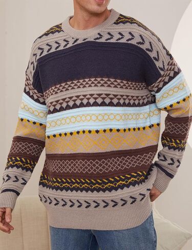 Flygo Sweaters for Men Crewneck Vintage Oversized Cable Knit Pullover Sweater Graphic Striped Aztec Long Sleeve Unisex Jumper in Kuwait
