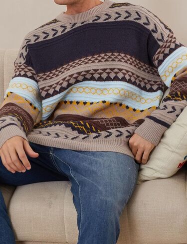 Flygo Sweaters for Men Crewneck Vintage Oversized Cable Knit Pullover Sweater Graphic Striped Aztec Long Sleeve Unisex Jumper in Kuwait