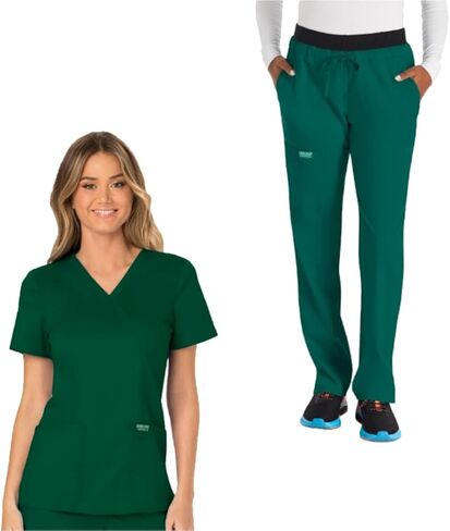 Cherokee Women's Scrub Set Mock Wrap Top with Princess Seams WW610 Mid Rise Tapered Leg Elastic Waist Drawstring Pant WW105, Hunter Green- M Top/M Pant in Saudi Arabia