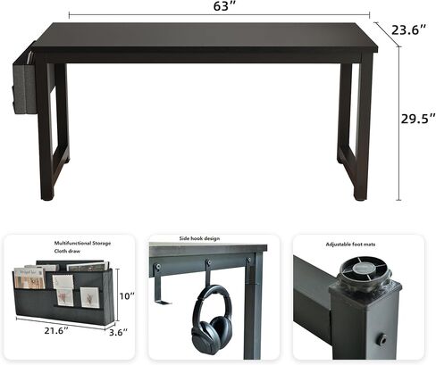 Large Computer Desk - 63 Inch Home Office Desk Study Student Writing Table Gaming Desk Wood Modern Simple Table with Storage Bag & Headphone Hooks, Black in Saudi Arabia