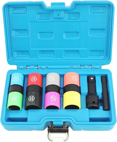 Lug Nut Socket Set 1/2" Drive Impact Half Size SAE Metric 17 17.5 18.5 19.5 19 21 21.5 22 22.5mm 3/4, 13/16, 7/8, 15/16 In. Wheel Lug Nut Remove Thin Wall Non Marring Flip Socket Set with Extension in Saudi Arabia