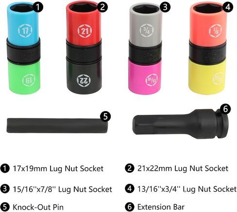 Lug Nut Socket Set 1/2" Drive Impact Half Size SAE Metric 17 17.5 18.5 19.5 19 21 21.5 22 22.5mm 3/4, 13/16, 7/8, 15/16 In. Wheel Lug Nut Remove Thin Wall Non Marring Flip Socket Set with Extension in Saudi Arabia