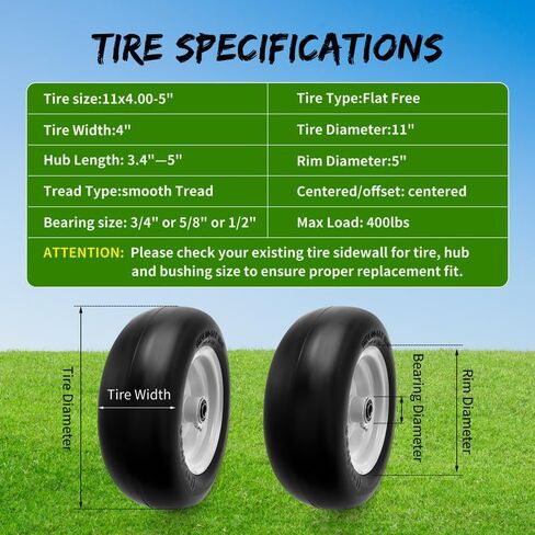 11x4.00-5 Lawn Mower Tires Flat Free,2 Pack Solid Smooth Lawn Mower Tires Assembly with 3/4" 5/8" and 1/2" Bearings for Zero Turn Lawn Mower Tires,3.4"-5" Center Hub (Silver Gray) (Yellow) in Saudi Arabia