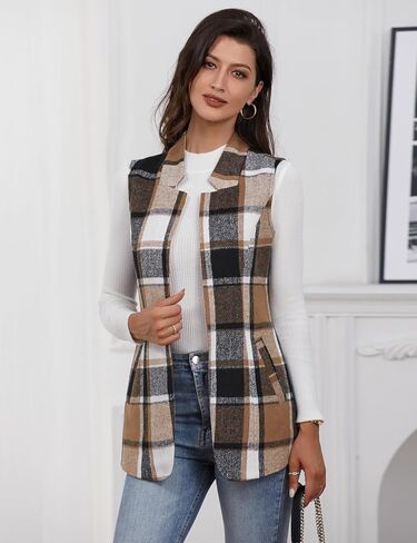 IDEALSANXUN Wool Plaid Vest for Women Fall Winter Coat Sleeveless Blazer Jackets Casual Outwear Open Front Cardigan Top in Kuwait