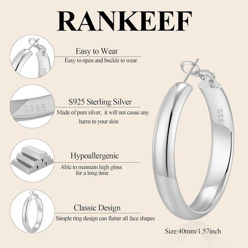 RANKEEF 5MM أقراط هوب واسعة للنساء أقراط الذهب هوب هيبوالرجينيك كبيرة أقراط الفضة الاسترليني الأطواق خفيفة الوزن الذهب والفضة الأطواق أقراط للنساء (40/50/60/70 مم) in Saudi Arabia