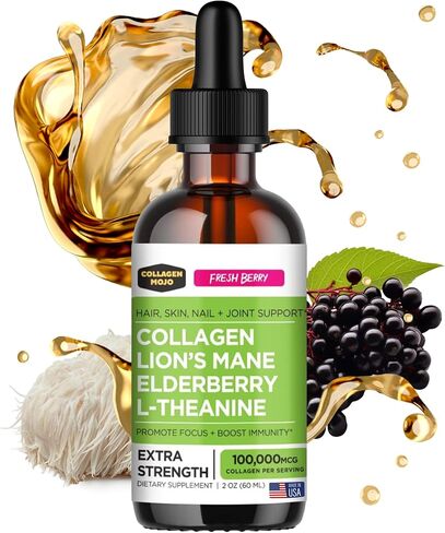 Collagen Mojo Liquid Collagen Peptides with Ashwagandha, Elderberry & L-Theanine. High Potency and Absorption Formula. Hair, Skin, Nail + Joint Support. Stress Relief & Boost Immunity 2 Oz. in Saudi Arabia