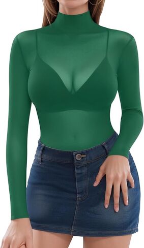 بلوزة نسائية شبكية من MANGOPOP بأكمام طويلة شفافة ورقبة وهمية تي شيرت شفاف مثير ملابس النادي Bodycon in Kuwait