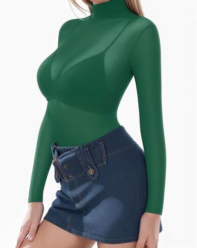 بلوزة نسائية شبكية من MANGOPOP بأكمام طويلة شفافة ورقبة وهمية تي شيرت شفاف مثير ملابس النادي Bodycon in Kuwait