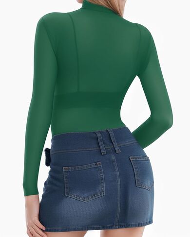 بلوزة نسائية شبكية من MANGOPOP بأكمام طويلة شفافة ورقبة وهمية تي شيرت شفاف مثير ملابس النادي Bodycon in Kuwait