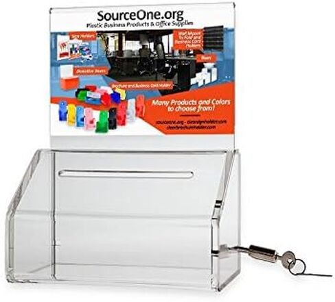 SOURCEONE.ORG صندوق تبرع/اقتراع أكريليك عالي التحمل مع قفل وحامل لافتة in Saudi Arabia