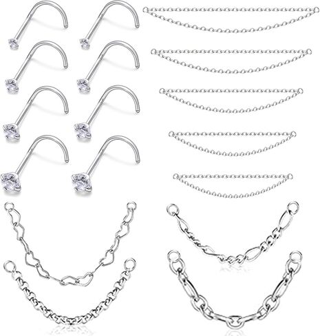 20/18G Nose Rings Chain Across Nose Piercings for Women Men Surgical Steel Double Chains Corkscrew l Shaped Bar in Kuwait
