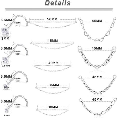 20/18G Nose Rings Chain Across Nose Piercings for Women Men Surgical Steel Double Chains Corkscrew l Shaped Bar in Kuwait