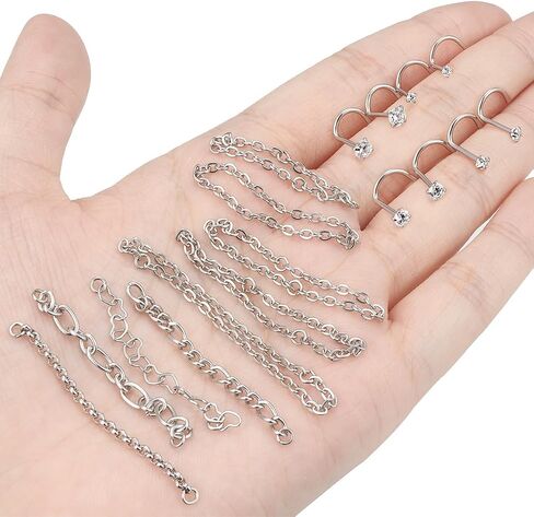 20/18G Nose Rings Chain Across Nose Piercings for Women Men Surgical Steel Double Chains Corkscrew l Shaped Bar in Kuwait