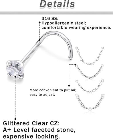 20/18G Nose Rings Chain Across Nose Piercings for Women Men Surgical Steel Double Chains Corkscrew l Shaped Bar in Kuwait