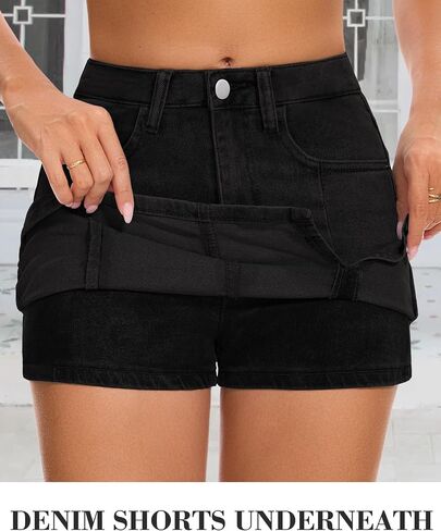 Casual Slit Denim Skort Mini Jean Skirt with Shorts Underneath High Waist Jean Skirt for Women Denim Skirt in Saudi Arabia
