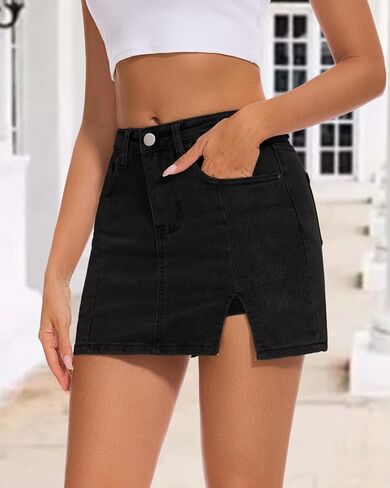 Casual Slit Denim Skort Mini Jean Skirt with Shorts Underneath High Waist Jean Skirt for Women Denim Skirt in Saudi Arabia