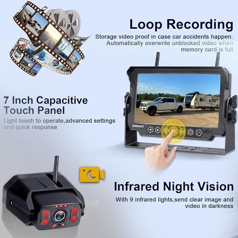 RV Trailer Backup Camera Wireless 2-Cameras: Easy Setup Plug and Play for Furrion Pre-Wired System Recording 7" Touch Key Monitor HD 1080P Truck Camper Fifth Wheel Rear View Cam 4-Channel DoHonest V23 in Kuwait