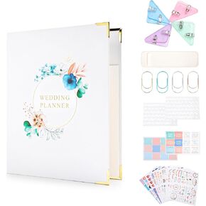 Beautiful Wedding Planner Book and Organizer, Binder Wedding Countdown Notebook, with Stylish Stickers, Paper Clip, Leather Pen Holder, Unique Engagement Gift for Future Brides and Grooms, 190Pages