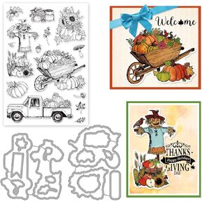 ORIGACH Autumn Harvest Clear Stamps and Dies Set, Autumn Pumpkin Scarecrows Truck Silicone Stamps and Metal Die Cut for Card Making Thanksgiving Scrapbooking Journal Crafting