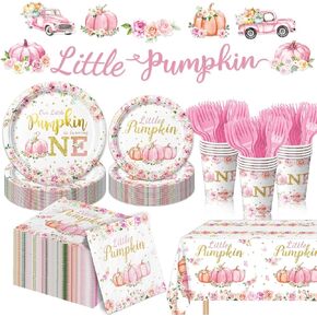 زينة عيد الميلاد الأول من Little Pumpkin - مجموعة ديكورات اليقطين الصغيرة الخاصة بنا تتحول إلى مجموعة واحدة تتضمن أطباق ومناديل وأكواب وشوك ومفرش طاولة ولافتة لديكورات عيد ميلاد اليقطين الخريفي، تكفي 24 شخصًا in Kuwait