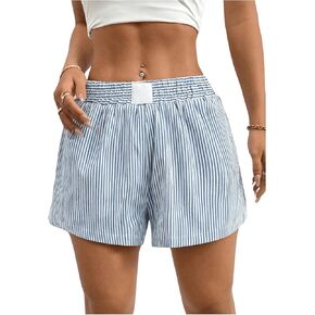 MakeMeChic Women's Striped Shorts Elastic High Waist Wide Leg Casual Shorts