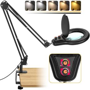 10X Large Magnifying Glass with Light and Stand, Dual Mechanical Knob Stepless Dimmable Lighted Magnifier, Real Glass Lens Desk Lamp with Light, Adjustable Swing Arm Clamp Light Hands Free for Crafts