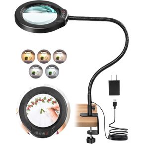 10X Magnifying Glass with Light and Clamp, Large Gooseneck Magnifying Desk Lamp with Stand, 5 Color Modes Dimmable Lighted Magnifier Hands Free for Crafts Painting Jewelry Sewing Close Work
