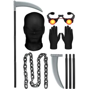 Sintege 5 Pcs Halloween Glowing Grim Reaper Costume Accessories Full Face Mask Glowing Eyes Glasses Long Scythe Sickle Chain Prop Gloves for Creepy Cosplay Black