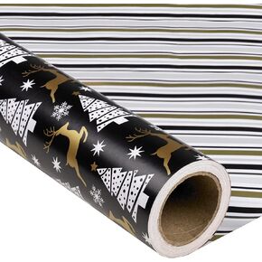 MAYPLUSS Reversible Christmas Wrapping Paper - 17 Inch X 33 Feet - Creative Red Santa Claus Riding a Sleigh Delivering Presents with Metallic Foil Design Winter Gift Wrap Paper for Holiday, New Year