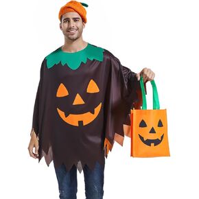 3PCS Adults Pumpkin Costume For Women Halloween Pumpkin Poncho With Pumpkin Knit Beret And Candy Bag